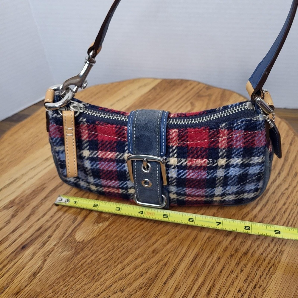 Coach Red and Navy Plaid Wool Satchel with Leather Trim - Picture 15 of 16